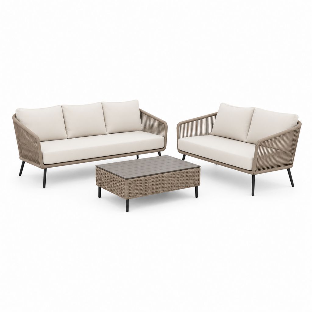 Salon de jardin 3 pièces avec canapé 2 places fauteuil et table basse beige en corde PE et acier 180 x 75 x 78 cm