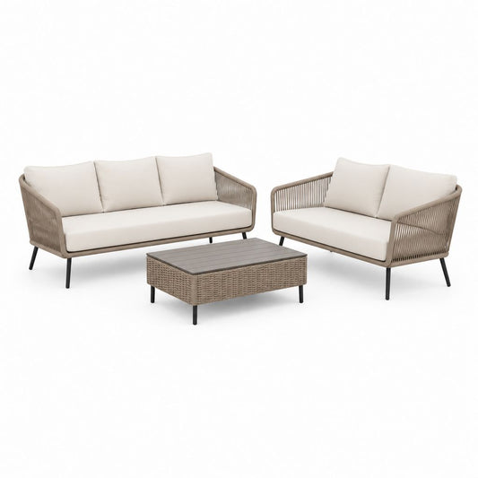 Salon de jardin 3 pièces avec canapé 2 places fauteuil et table basse beige en corde PE et acier 180 x 75 x 78 cm