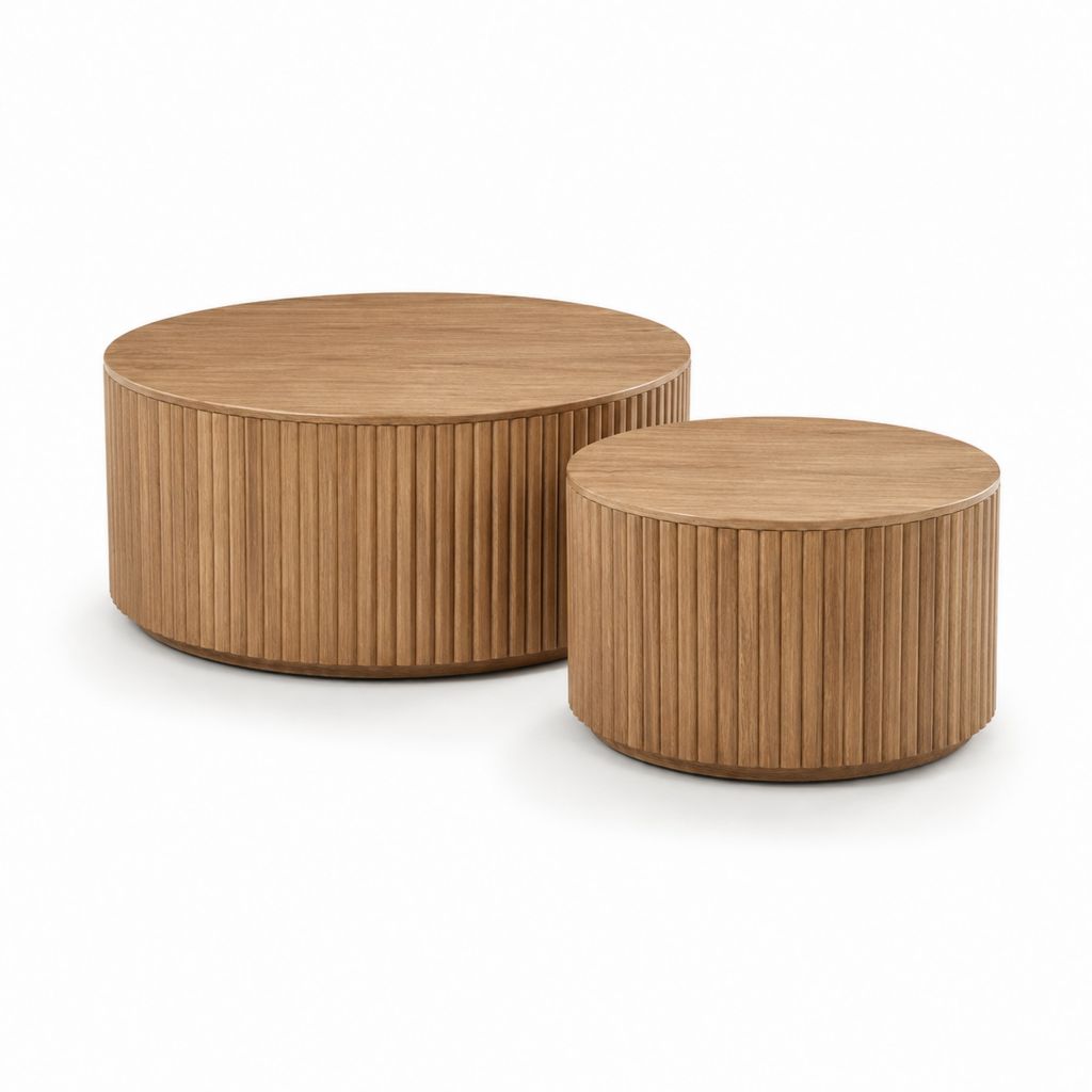 Lot de 2 tables basses rondes chêne en MDF plaqué avec reliefs verticaux 80 x 35 cm et 60 x 40 cm
