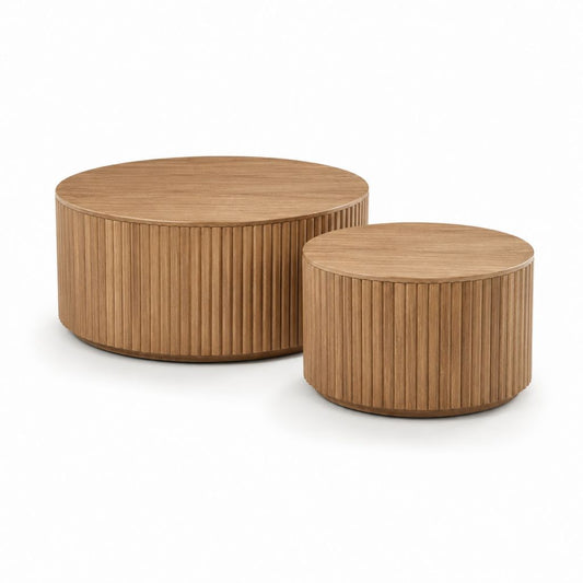 Lot de 2 tables basses rondes chêne en MDF plaqué avec reliefs verticaux 80 x 35 cm et 60 x 40 cm
