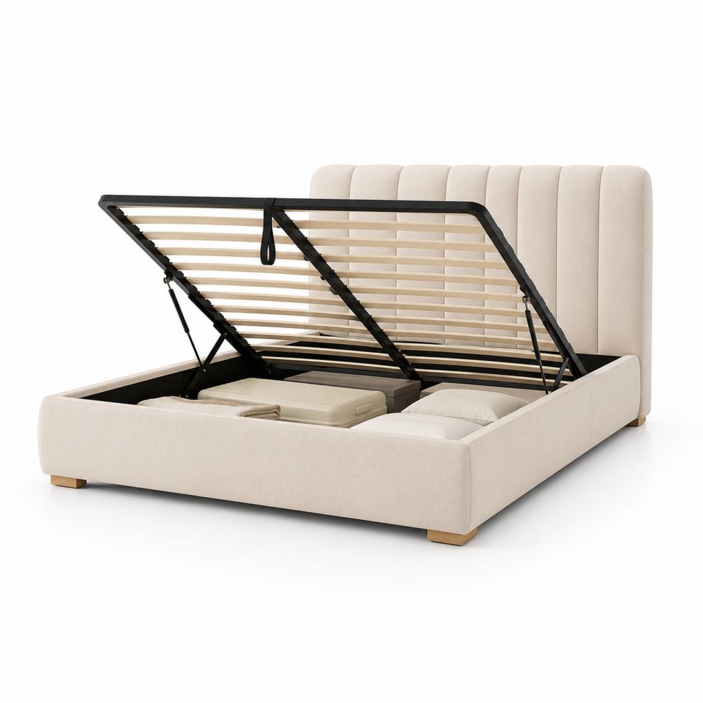 Lit coffre 160 x 200 cm beige en polyester avec sommier relevable à lattes