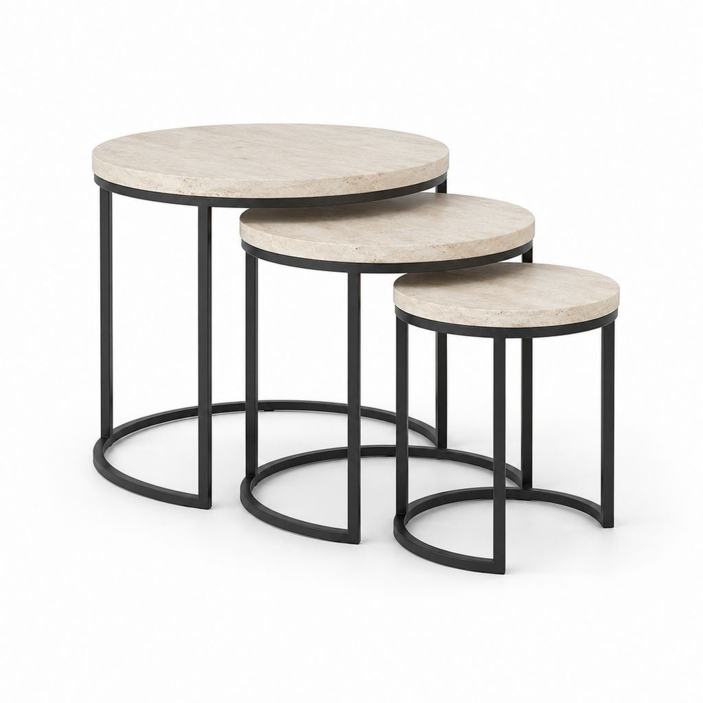 Tables basses gigognes rondes lot de 3 beige effet travertin et acier noir Ø 80 60 40 cm