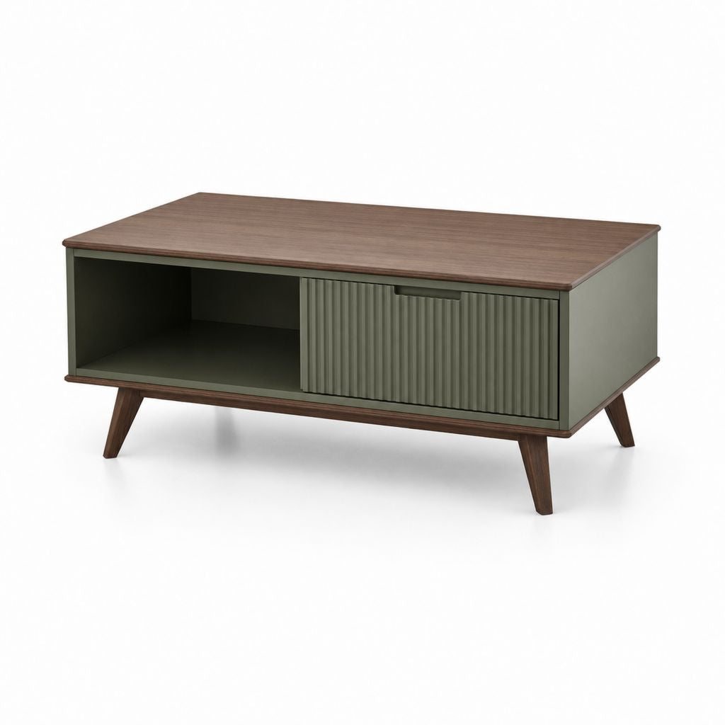 Table basse rectangulaire vert olive et noyer en panneaux MDF 120 x 60 x 45 cm avec porte coulissante et rangement