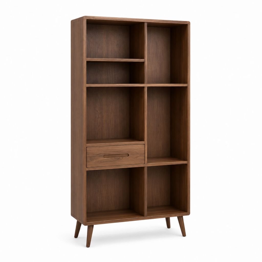 Bibliothèque haute 7 niches 1 tiroir noyer MDF plaqué rectangulaire 90 x 35 x 180 cm