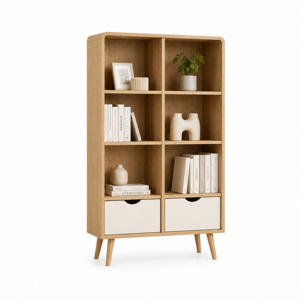 Bibliothèque 2 tiroirs chêne clair en panneaux MDF 90 x 35 x 180 cm