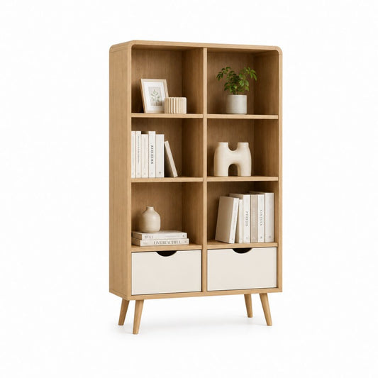 Bibliothèque 2 tiroirs chêne clair en panneaux MDF 90 x 35 x 180 cm