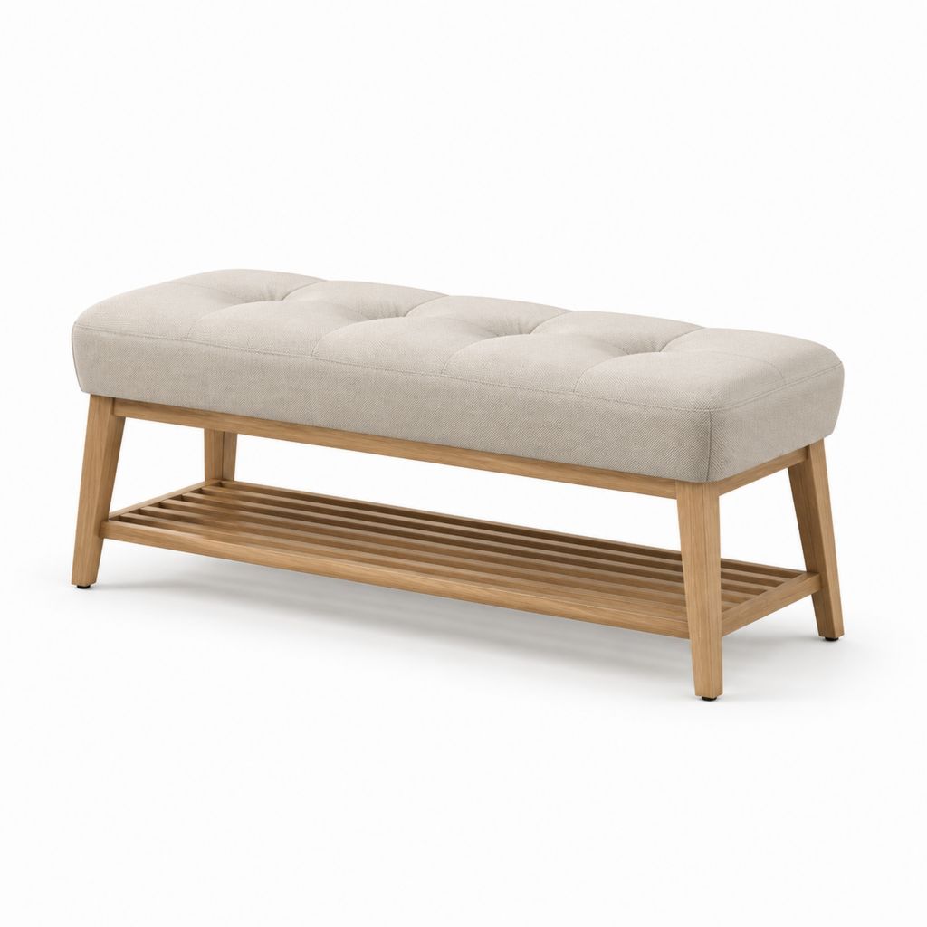Banc de bout de lit avec rangement beige en polyester et bois d'hévéa massif 120 x 40 x 45 cm