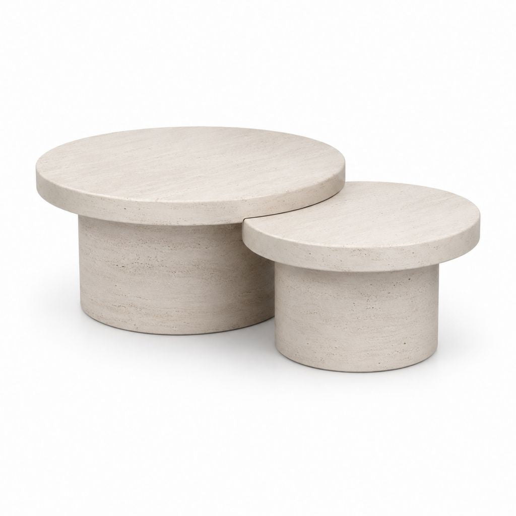 Lot de 2 tables basses rondes en travertin beige 80 x 80 x 35 cm et 60 x 60 x 28 cm